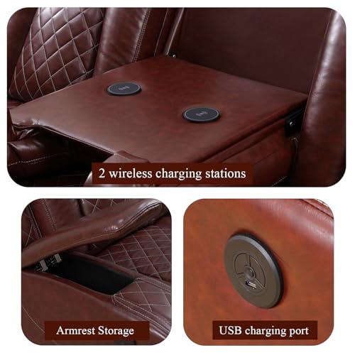 Image of Power Reclining Sectional Sofa for Living Room - Brown Leather Sectional with Recliner, LED Lights, Storage Console & Cup Holders, Comfortable Family Couch