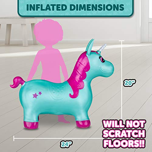 WADDLE Bouncy Hopper Inflatable Hopping Animal, Indoors and Outdoors Toy for Toddlers and Kids, Pump Included, Boys and Girls Ages 2 Years and U (Aqua Pink Unicorn)