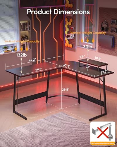 Image of CubiCubi L Shaped Gaming Desk, 47 Inch Computer Desk with Monitor Stand, PC Gaming Desk, Corner Desk Table for Home Office Sturdy Writing Workstation, Black Carbon Fiber
