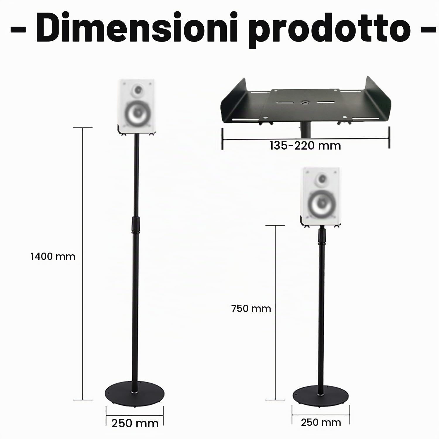 Supporto Casse Audio，Stativi per Casse，Satelliti Fino a 8 kg, Set da 2 Supporti da Pavimento,si Estende da 75 cm a 140 cm, Contiene Altoparlanti Satellitari e Piccoli da Scaffale