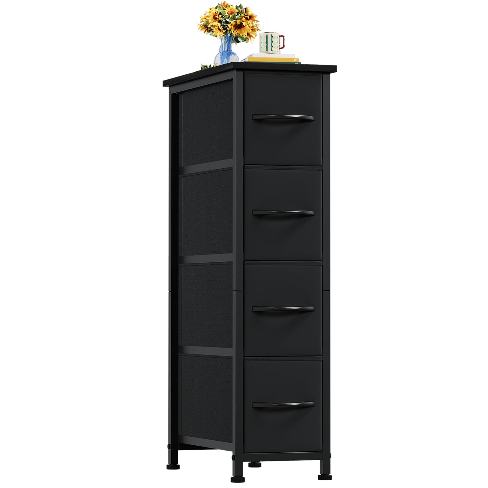 Somdot Slim Chest of Drawers with 4 Fabric Drawers, Narrow Dresser Storage Organiser for Bedroom Living Room Bathroom Closet Nursery Entryway Hallway, Black
