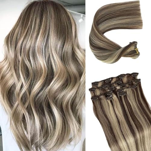 Image of Seamless Clip in Human Hair Extensions 20 Inch Remy Hair Extensions Ombre Brown to Blonde Clip on Extensions Silky Straight 70g 70pcs