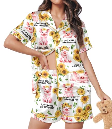 Image of HUNTFAMI Womens Soft Silky Satin Pajamas Set, 2 Pcs Sleep Short Pajamas for Mom and Grandma Button Down Summer Loungewear