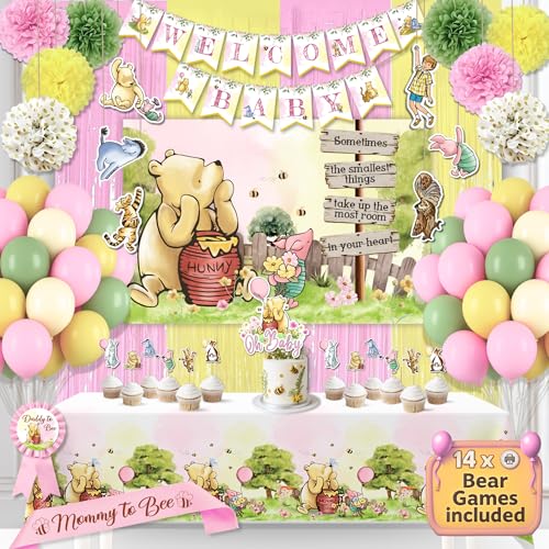Winnie Baby Shower Decorations Pink – the Pooh Balloons, Backdrop, Welcome Baby Banner, Tablecloth, Cake Toppers, Pompoms, Sash & More – Classic Pooh Baby Shower Theme Party Decor