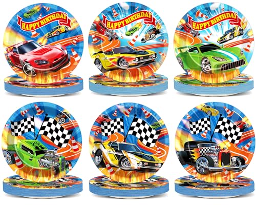 60Pcs Hot Car Birthday Party Decorations Racing Cars Paper Plates Race Car Dessert Tableware Party Supplies for Kids Boys Baby Shower Hot Car Wild Racer Dinnerware Favors
