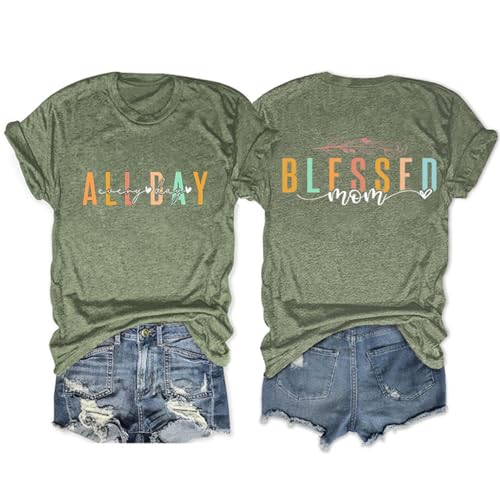 GAQEUWR Blessed Mom All Day Every Day Shirt, Blessed Mom Shirt, O-Neck Shirt for Women, Casual Summer Tops Blouse Olive Green