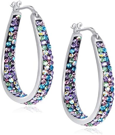 Crystal Hoop Earrings - Silver Plated Inside Out Oval Shape Hoop Earrings for Women, 1.2 Inch (Multiple B)