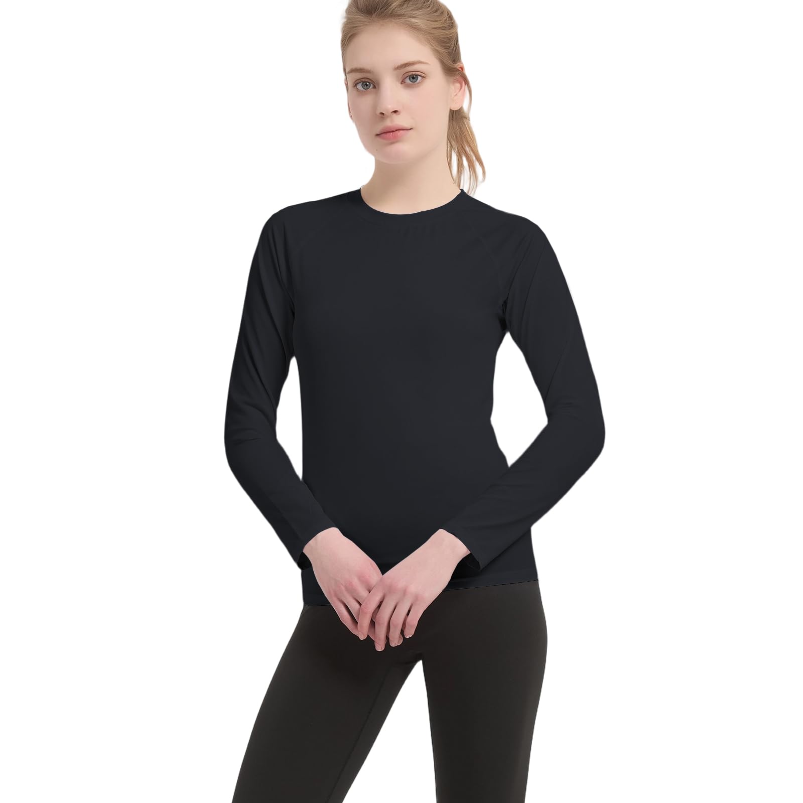 4 Pack Deportiva Mujer de Manga Larga Camiseta Transpirable Secado Rápido Camisetas de Compresión Ligero Elasticidad Top Deportiva Correr Base Layer Cuello Redondo Funcionales para Yoga Fitness