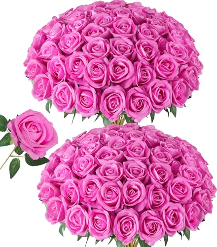 Image of HyeFlora 50 PCS Roses Artificial Flowers, Fake Roses with Stem Realistic Hot Pink Silk Rose for DIY Wedding Bouquets Table Centerpieces Arrangements Baby Shower Birthday Home Decor for Her