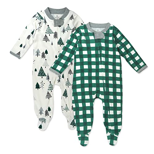 Image of HonestBaby Sleep and Play Footed Holiday Pajamas One-Piece Sleeper Zip-front Organic Cotton PJs Baby Boys, Girls, Unisex, Emerald Forest, 0-3 Months