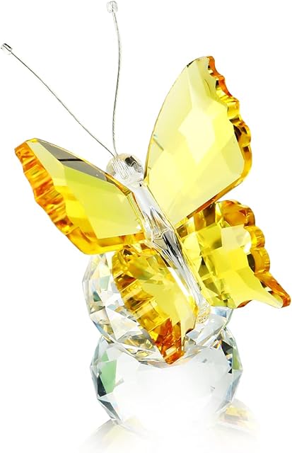 H&D Crystal Flying Butterfly with Glass Ball Base Figurine Table Ornament Statue Animal Collection(yellow)