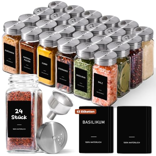 ComSaf Gewürzgläser Eckig mit Etiketten (24×120ml) Gewürzstreuer Glas mit Metalldrehdeckel Gewürzdosen Edelstahltrichter Gewürz Organizer Gewürzbehälter Spice Jars