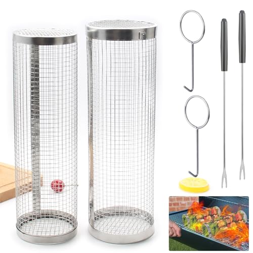 Rolling Lot de 2 paniers de barbecue en acier inoxydable - Accessoires de cuisson ronds - Panier à frire - Panier à grillades - Panier à barbecue - Panier à barbecue en acier inoxydable avec