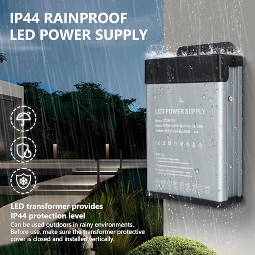Image of 12V 200W LED Power Supply Rainproof IP44, Ultra Slim LED Transformer 100-240V AC to 12V DC 16.7A Quiet Low Volt LED Driver Constant Voltage Driver Adapter for LED Lights, Indoor & Outdoor