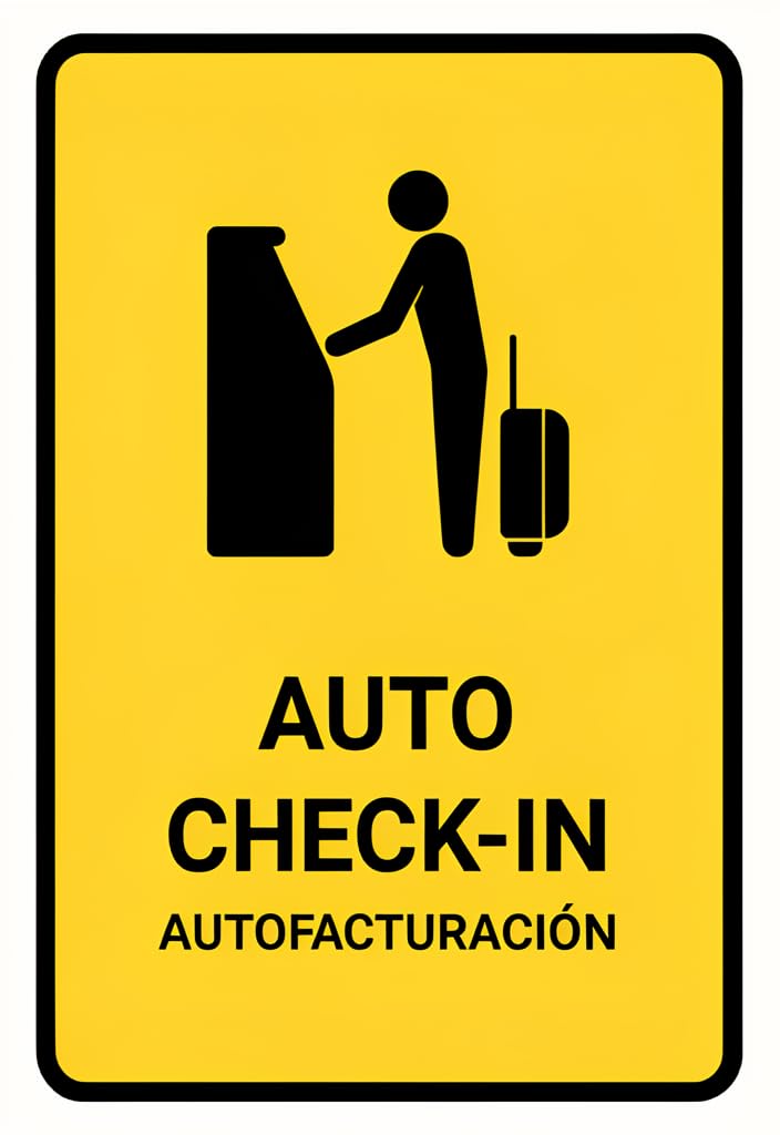 peiyeety Auto Check-In Tin Sign 12x8 Inch – Yellow Airport Kiosk Wall Decor with Bilingual Text Auto Check-In/Autofacturación – Vintage Metal Plaque for Travel Theme Home, Office, Hotel