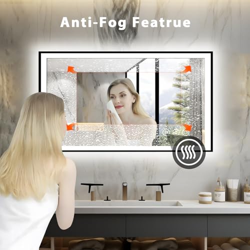 40x24 LED Bathroom Mirror for Wall, Black (Metal, Aluminum) Framed, Front Light and Backlit, 3 Colors and Dimmable Vanity Mirror, Anti-Fog, Shatter-Proof, Memory (Horizontal/Vertical)