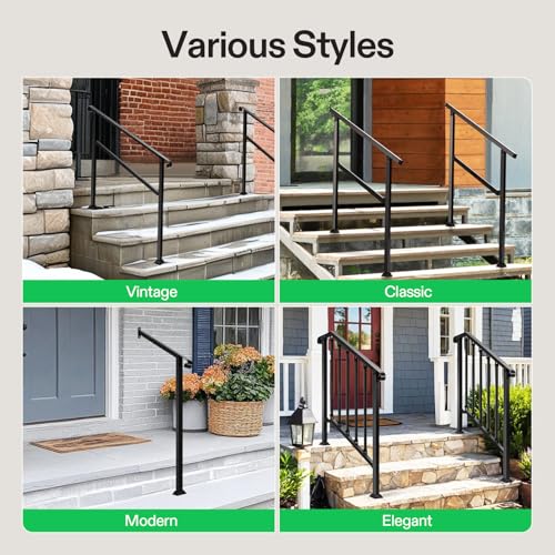 Image of VIVOSUN Outdoor Handrail, 3 Step Stair Handrail, 40 inch x 36 inch Fits 1 to 3 Steps, Wrought Mattle Iron Handrail for Concrete Steps, Porch Steps, One-Step Assembly, Black