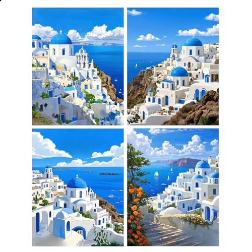 JISHSHAY 4 Pièces Ville Diamond Painting Rond Paysage Diamant Painting Perle Ronde Santorin Broderie Diamant Grèce Bricolage Adulte Kit Broderie Puzzle...