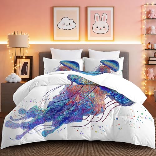 Edredón de plumas y plumón de 200 x 200 cm, para todo el año, arte puntillismo, medusa, versátil como colcha para cama o sofá, color azul