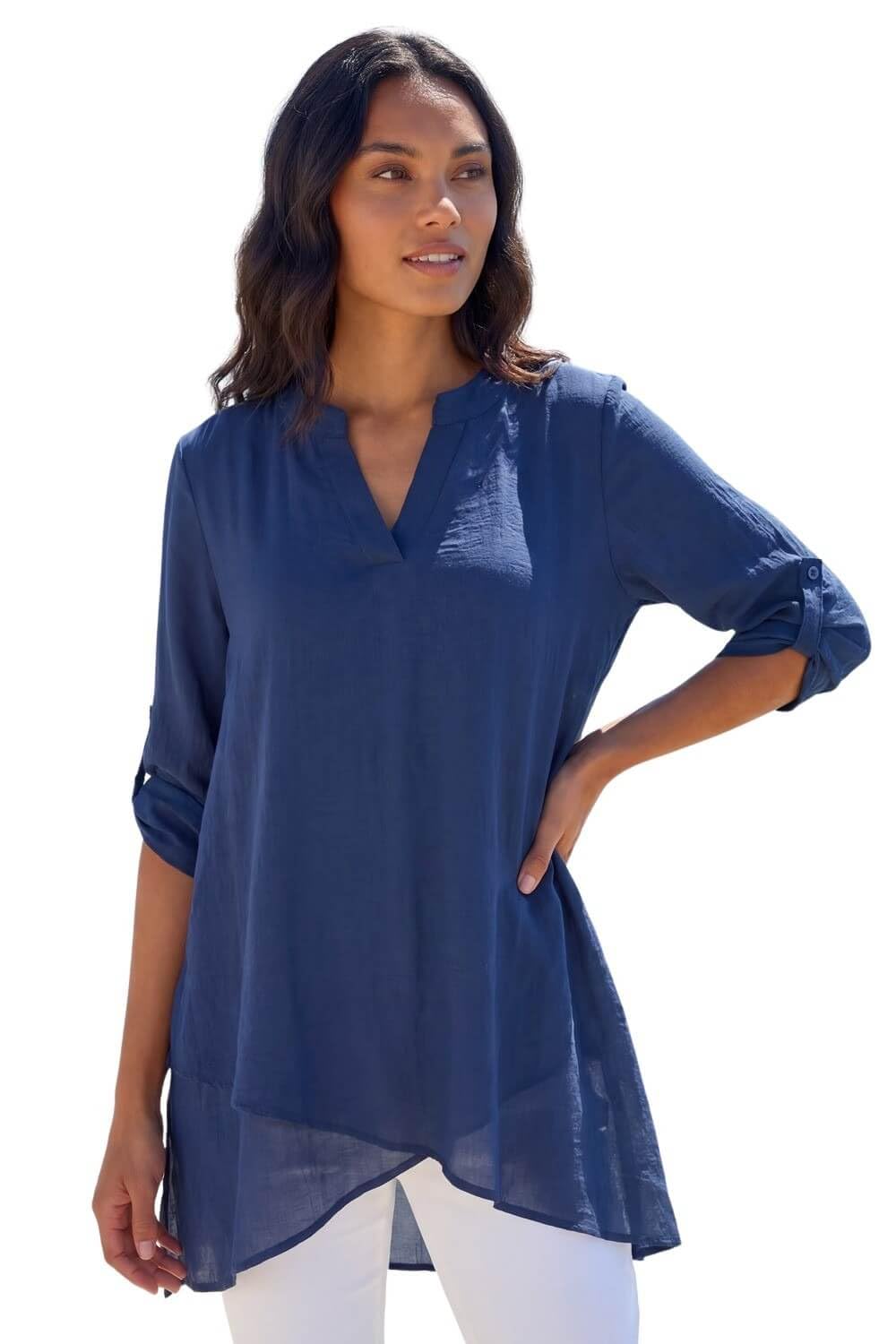Roman Originals Women's Pale Navy Floral Print Tunic Top For Uk Casual Shirt Smart Blouse Asymmetric Wrap Hem Summer Holiday Party Cruise 3/4 Sleeve Longline Oversized - Size 12