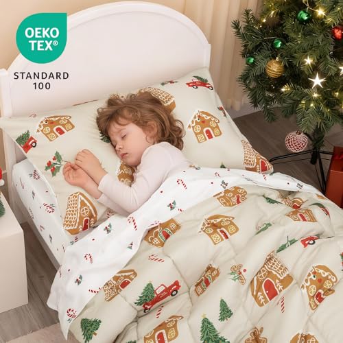 Image of PHF 4 Piece Toddler Bedding Set, Ultra Soft Toddler Comforter Sets Include Comforter, Fitted Sheet, Flat Top Sheet and Pillowcase in A Bag for Baby Bedroom, Christmas Holiday