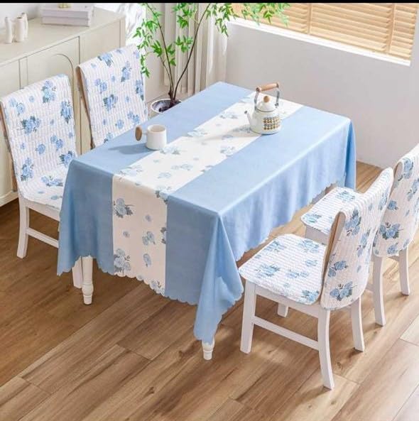 Image of HOMETHREADS Floral Cotton Chair Cover Set | Soft & Comfortable Seat Covers with Anti-Skid Non-Slip Backing + Waterproof Dining Table Cover (140x220 cm) (White Blue, 6 Chair Covers + 1 Table Cover)