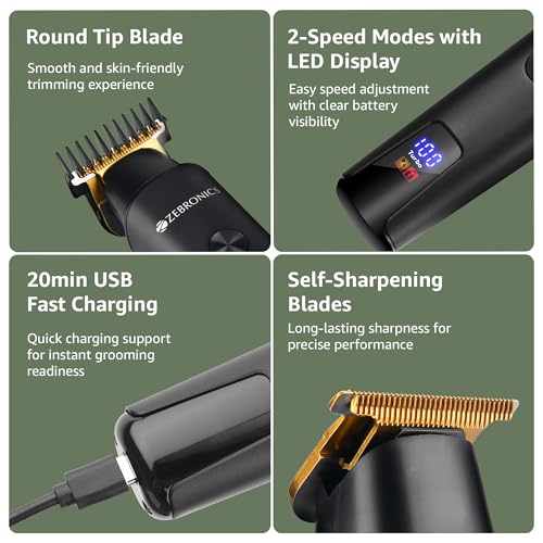 Image of Zebronics HT202 Trimmer, Cordless & Corded, Upto 180min Runtime, Stainless Steel Blades, 3+1 Guide Combs, 2 Speed Modes, LED Display, Travel Lock, Washable Blades, Type-C Rechargeable Battery (Black)
