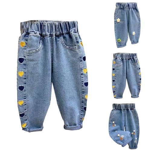 Kids Girls Cherry Embroidered Jeans Elastic Waist Loose Fit Light Wash Denim Pants for Toddler Casual Cute Trousers