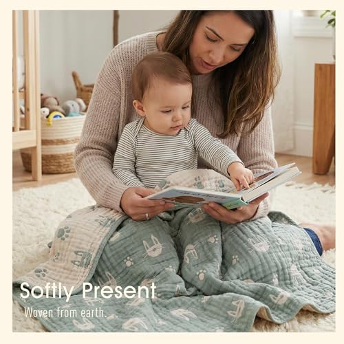 Image of 6-Layer Muslin Baby Blanket Made with Organic Cotton - Cute Bunny Rabbit Jacquard Swaddle & Crib Quilt, 43 inchx 43 inch,Sage Green Bunny