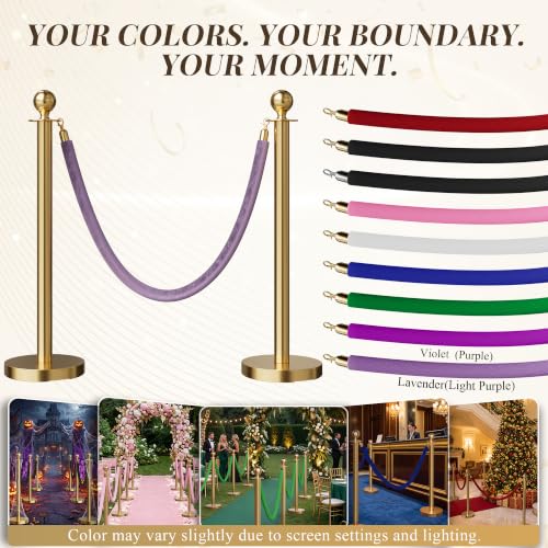 Image of 4PCS Lavender Velvet Stanchion Ropes 5 Ft Crowd Control Ropes Barrier with Gold Hooks for Party Supplies,Photobooth Accessories, Prom,Birthday,Business,Wedding, Museums(Light Purple)