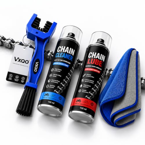 Image of Bike Chain Cleaning Brush with Chain Cleaner & Chain Lube 150ml Each + Microfiber Duster | Complete Motorcycle Chain Cleaning Kit (Set of 4, Multicolor)
