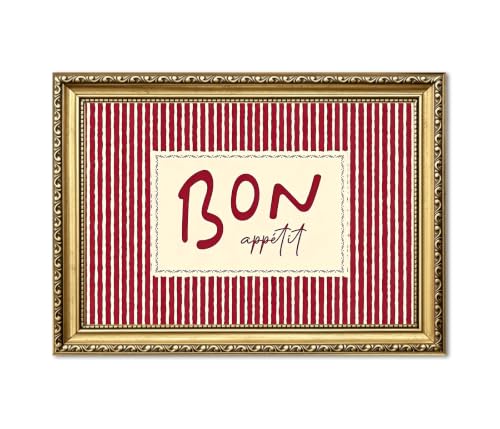Bon Appetit Kitchen Wall Art Vintage Kitchen Quote Sign Wall Decor Painting Red Striped Dining Room Poster Canvas Print Picture 16x24 inch Glod Framed