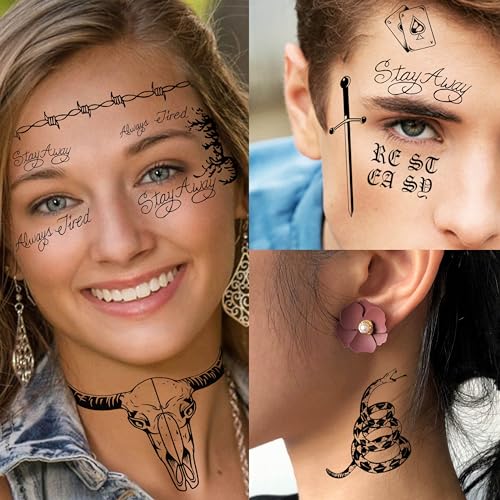 Image of 5 Sheets Large Malone Tattoos For Men Women Adults, Halloween Malone Face Tattoos Sticker Prisoner Prison Set, Barbed Wire Rapper Temporary Tattoo Sticker Inmate Party Accessories Makeup Kit