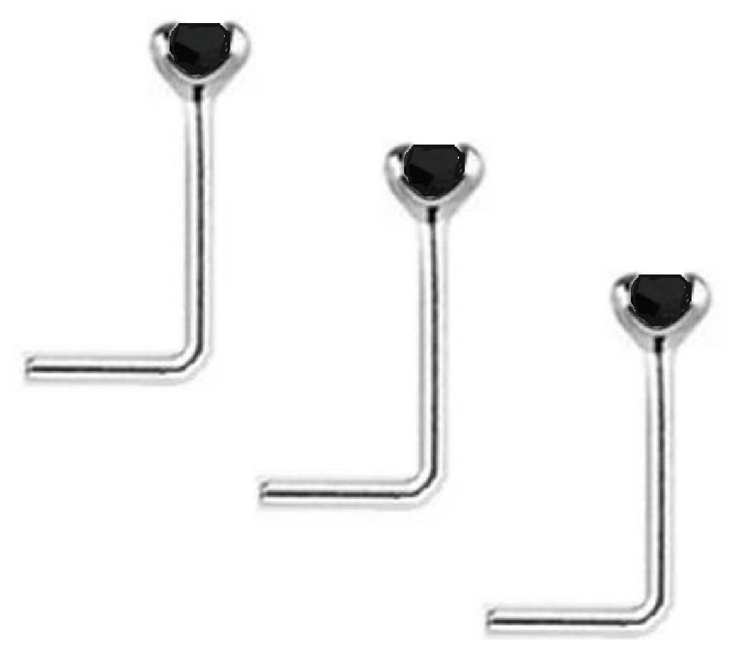 SET OF 3, BLACK Crystal L SHAPE Nose Studs STERLING SILVER Thin 0.6mm Bar CHOOSE CRYSTAL SIZE: 1.2mm 1.5mm 2mm or 2.5mm