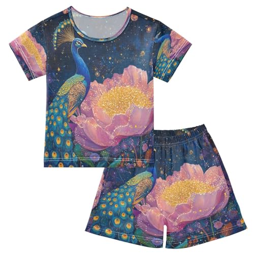 ALAZA Peacock Water Lily Blossom Pajamas Set Short Sleeve Cotton Sleepwear Summer Pjs 2 Piece 5-14Y