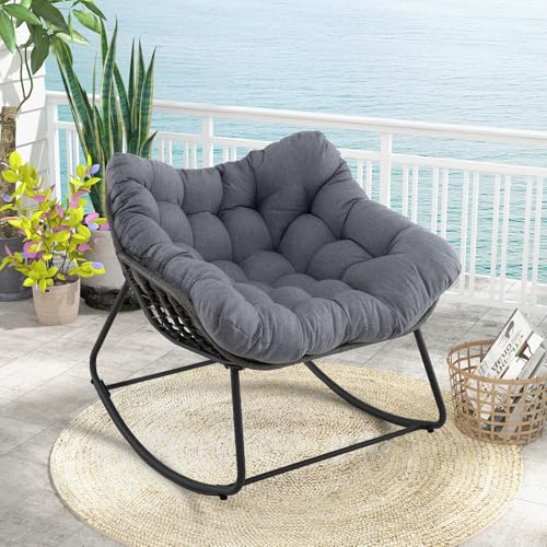 GIANTEX Chaise a Bascule, Coussin Doux Amovible, Assise en Rotin PE, Fauteuil a Bascule Large et...