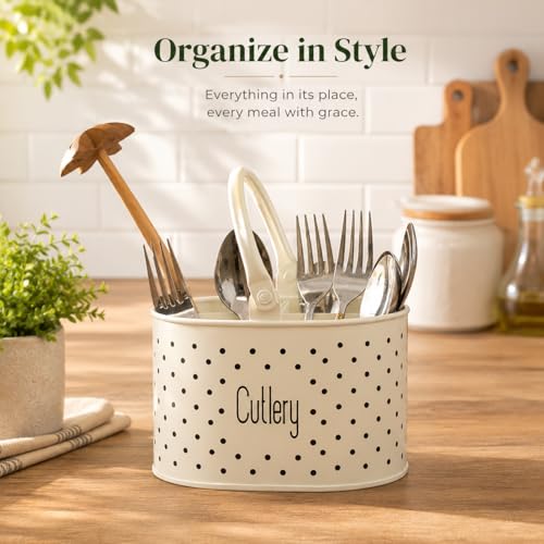 Image of MARKET 99 Galvanised Iron Stylish Ivory Cutlery Holder|Rustic Kitchen Utensil Organizer for Spoons,Forks,Knives|Multipurpose Countertop Rack for Dining Table & Office Desk|Vintage Finish,17x12x13 cm
