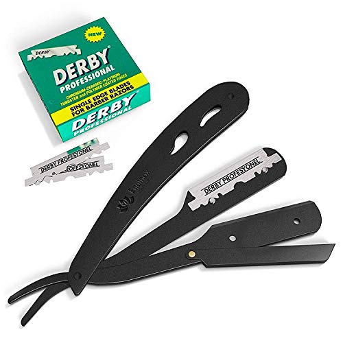 Equinox Professional Matte Black Straight Edge Razor with 100 Single Edge Derby Blades - Close Shaving Men's Manual Shaver Safety