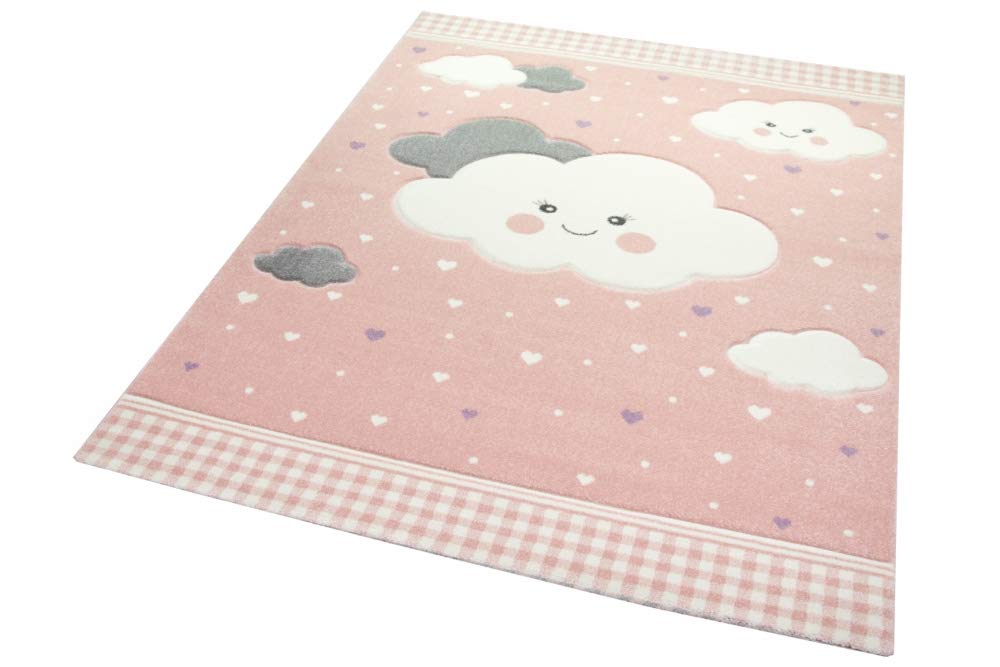 Kids Kinderkamer Roze - Grijs vloerkleed - Wolken - 160 X 230 CM