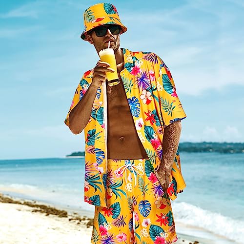 Harloon 4Pcs Summer Halloween Men's Hawaiian Shirt and Short Set Casual Button Down Flower Outfits with Bucket Hat Sunglasses3