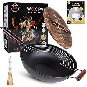 Küchenmeister 12.5-Inch Carbon Steel Wok Pan with Lid, Brush, Oil Strainer – Flat Bottom Woks & Stir Fry Pans Nonstick for Induction, Electric, Gas, Halogen Stoves