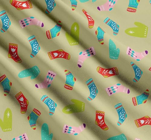 Image of Soimoi Beige Cotton Poplin Fabric Socks & Gloves Folk Art Printed Craft Fabric by the Meter 42 Inch Wide