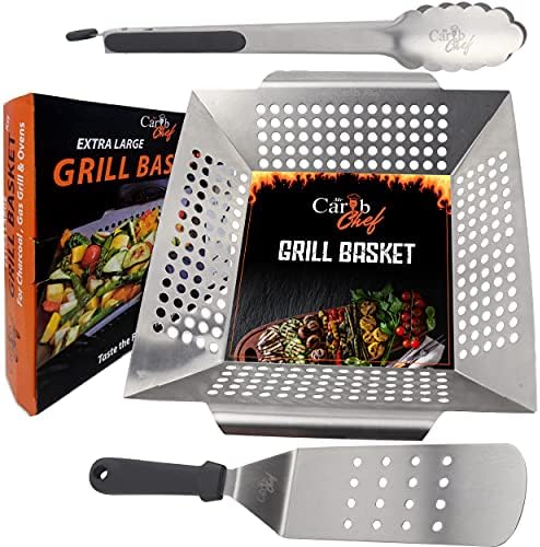 Large Vegetable Grill Basket Heavy Duty BBQ Grilling Accessories Nonstick Stainless Steel Cooking Baskets Veggie and Meat Best BBQ Utensil Set work on all Outdoor Barbecue & Smoker weber Grill Gift