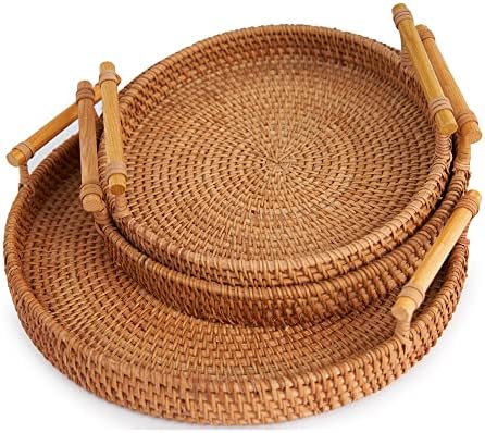 T'Furni Set of 3 Rattan Hand-Woven Wicker Trays | Round Serving Basket - Serving Tray with Handles for Bread Fruit Vegetables, Restaurant Serving & Tabletop Display Baskets