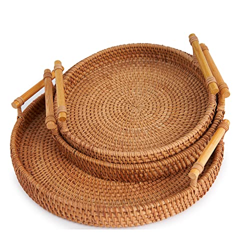 T'furni Set Of 3 Rattan Hand-Woven Wicker Trays | Round Serving Basket - Serving Tray With Handles For Bread Fruit Vegetables, Restaurant Serving & Tabletop Display Baskets #TOP2