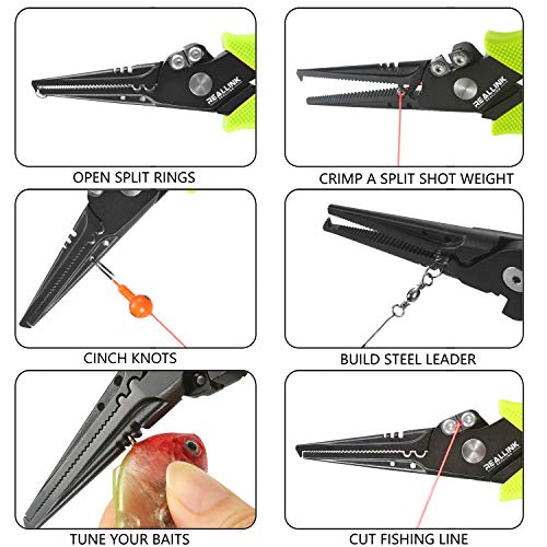 Stainless Steel 7.4" Fishing Pliers Hook Remover Tool Kits And Accessories 8 In 1 Combo, Fishing Quick Nail Knot Tying Tools, Split Ring Forceps And Pliers For Salmon And Trout Gears Assortment（Green) #TOP2