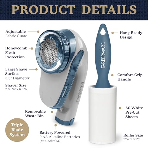 Image of Farberware Fabric Shaver & Lint Roller Set, Large, Portable | Sticky sheets lift pet hair and dust, triple-blade design restores fabrics to like-new condition, for clothing and bedding