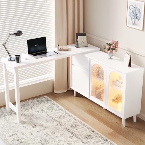 BTM Schreibtisch mit LED - 2-in-1 Sideboard und Arbeitsplatte, 360° drehbar, mit Acryltür, FSC-Zertifiziert, weiß, 120×40×78 cm -Schreibtische, Eckschreibtische