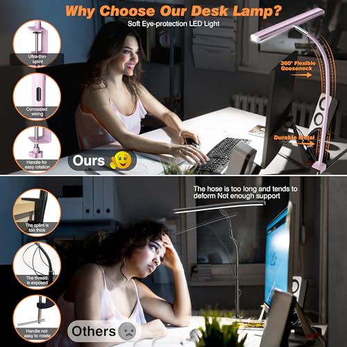 Image of Airlonv LED Desk Lamp for Office Home, Eye-Caring Desk Light with Stepless Dimming Adjustable Flexible Gooseneck, 10W USB Adapter Desk Lamp with Clamp for Reading, Study, Workbench (Pink)