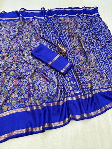 Image of Kalamkari Floral Prints Dola Silk Saree With Rich Zari Border Designer Pallu Attach Blouse Piece